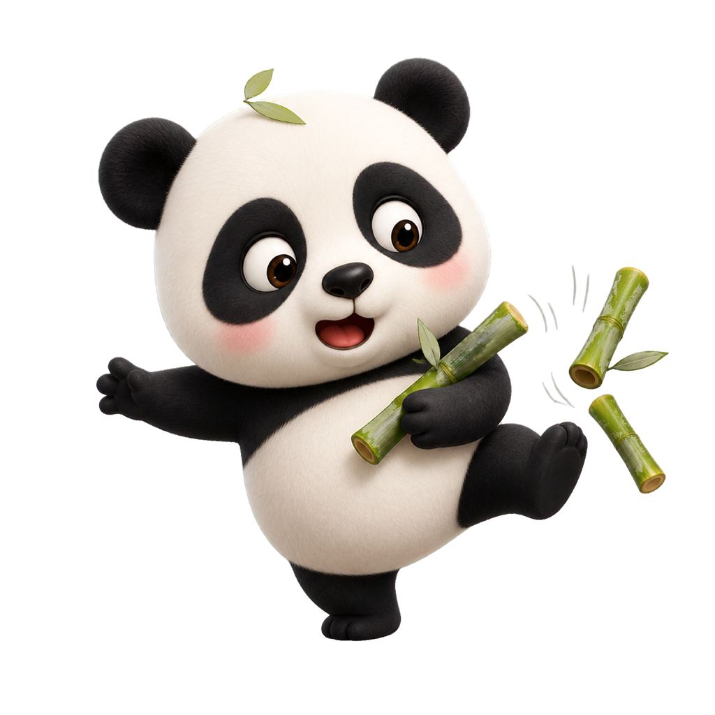 Playful Pandaku panda mascot tumbling with bamboo